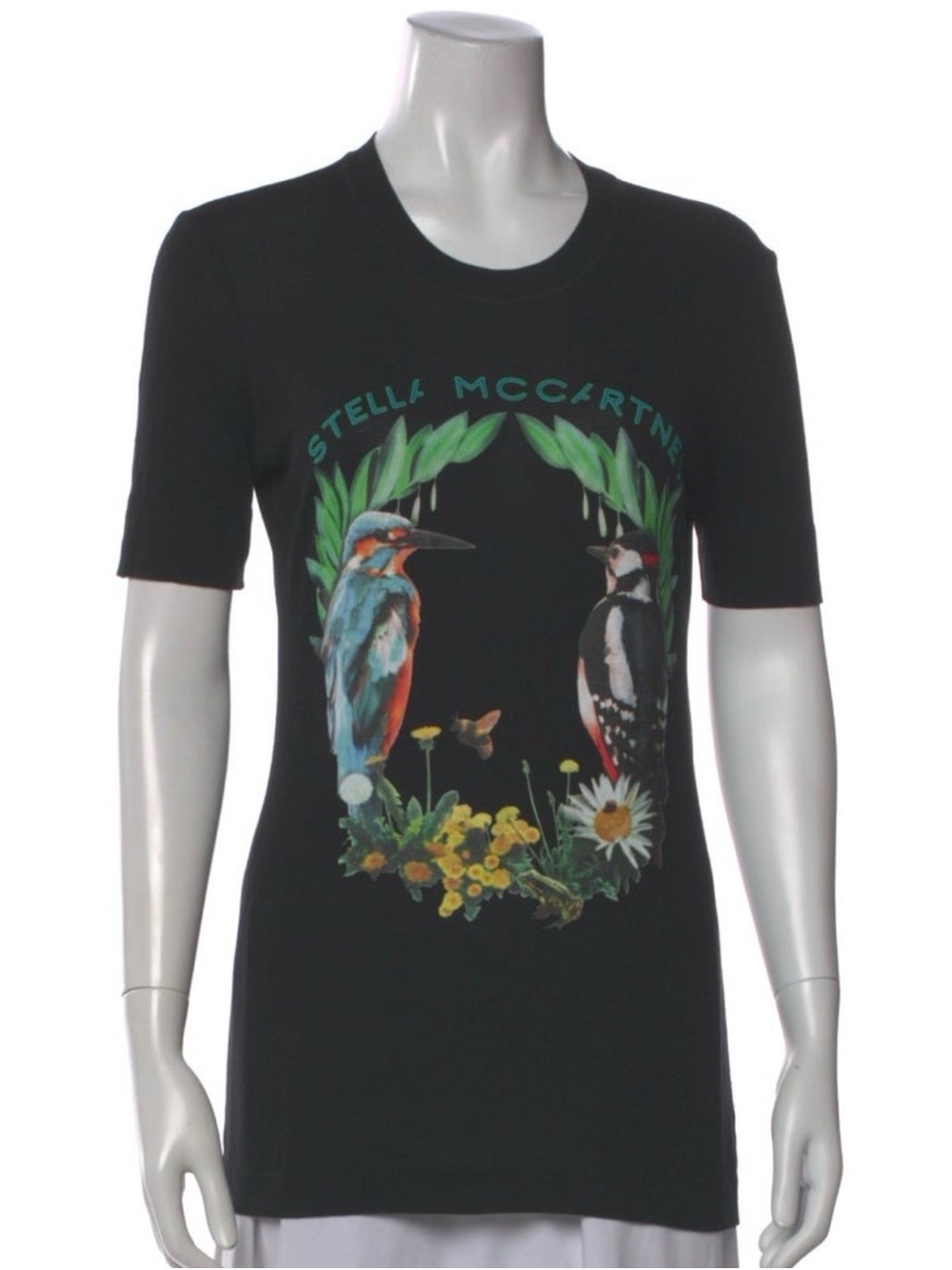 Stella McCartney Black Tee with Colorful Bird and Floral Artwork